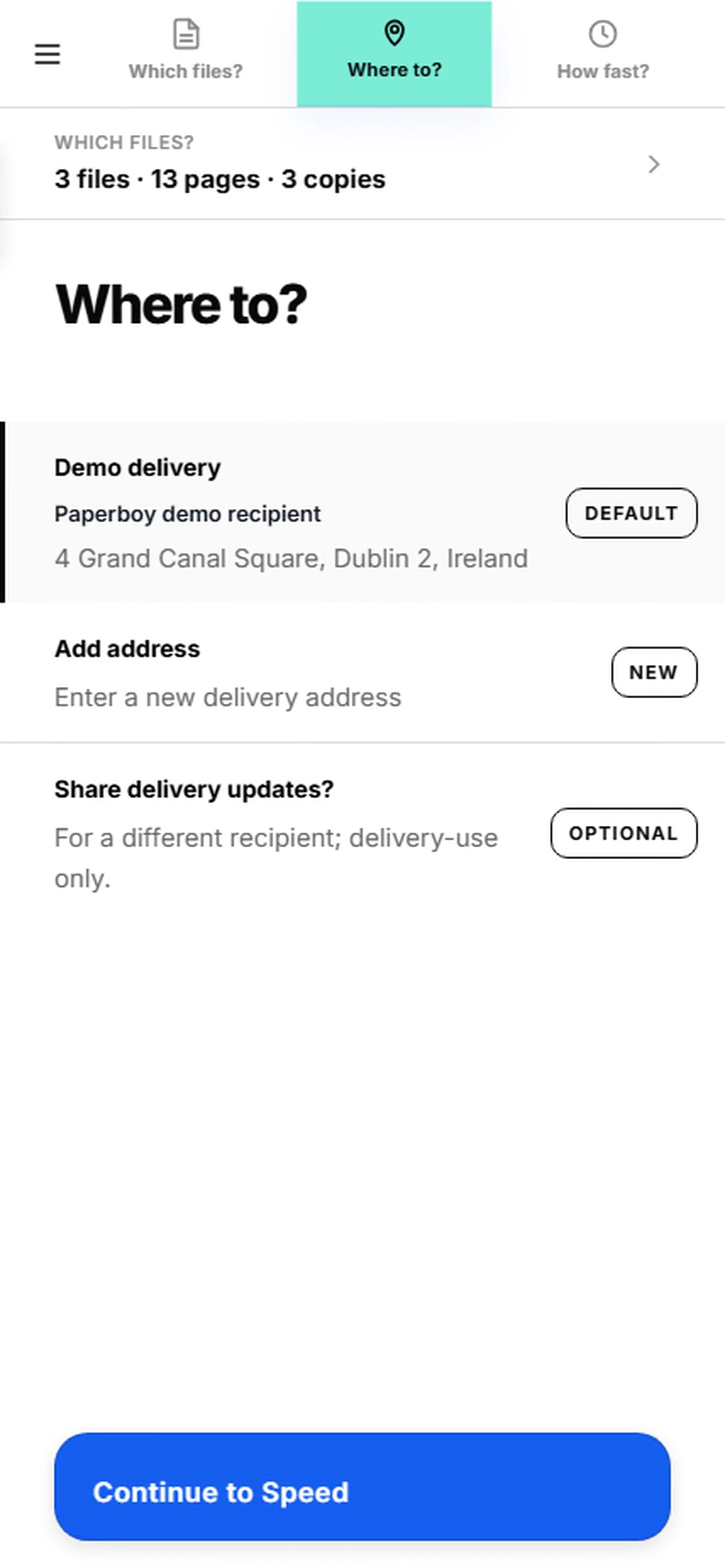 paperboy app order screen showing three files ready for fulfilment review